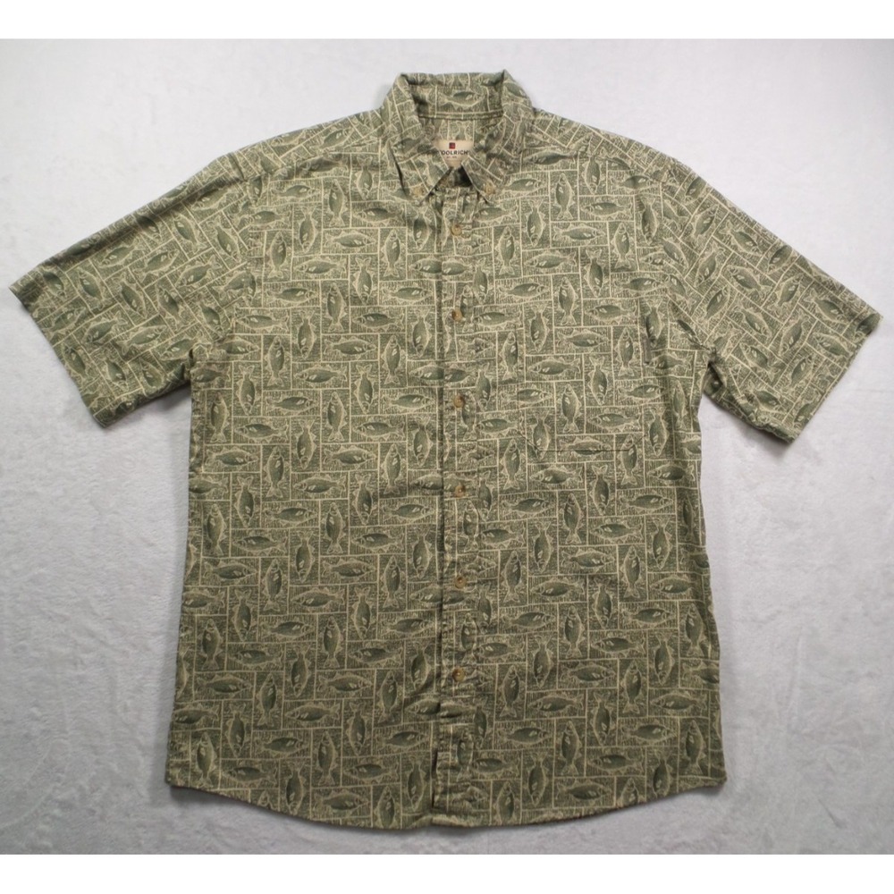 Vintage Woolrich Shirt Mens Medium Green Button Down Short Sleeve Fish Print
